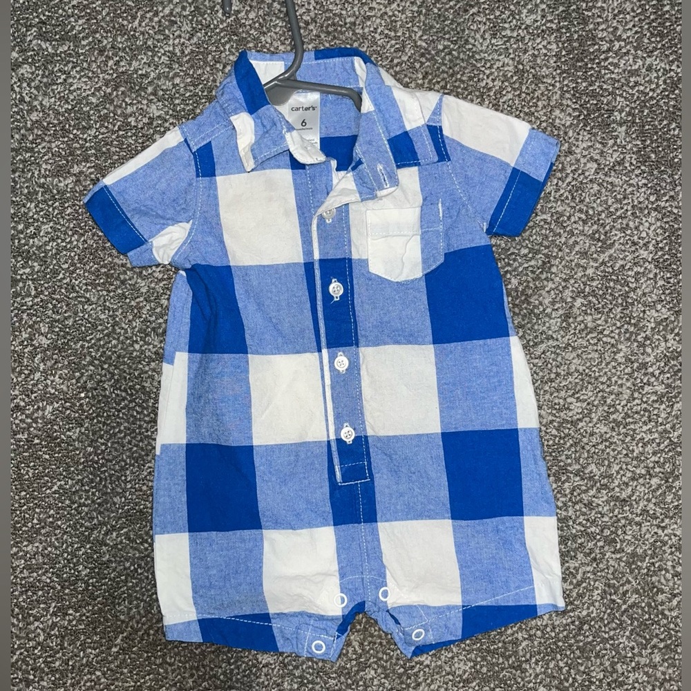 Blue white checkered Carters button up romper 6 months